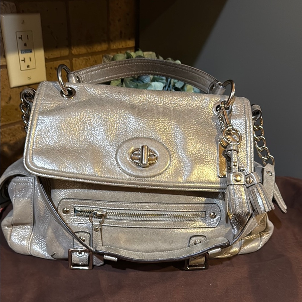 Coach Silver Satchel with Textured Finish and Polished Hardware